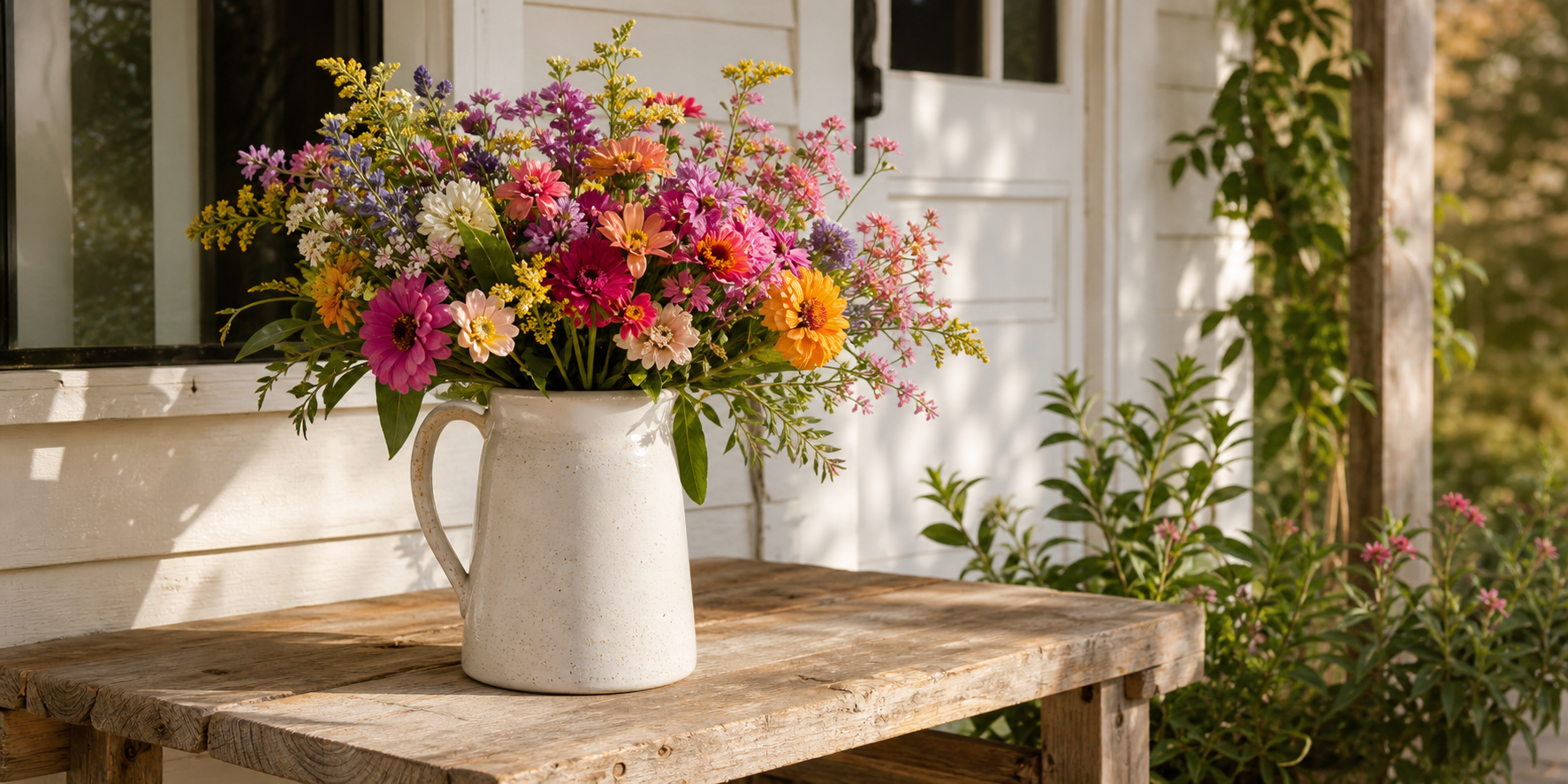 Fresh colorful bouquet on a front porch table for weekly pickup